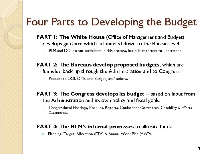 Four Parts to Developing the Budget PART 1: The White House (Office of Management