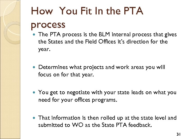 How You Fit In the PTA process The PTA process is the BLM internal
