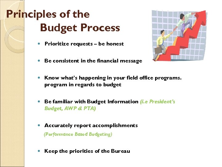 Principles of the Budget Process Prioritize requests – be honest Be consistent in the