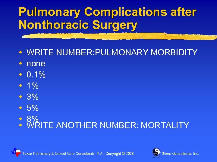 Pulmonary Complications after Nonthoracic Surgery WRITE NUMBER: PULMONARY MORBIDITY none 0. 1% 1% 3%