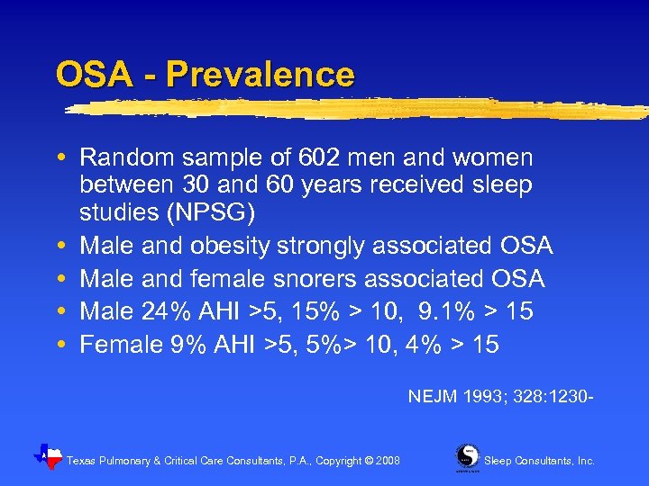 OSA - Prevalence Random sample of 602 men and women between 30 and 60