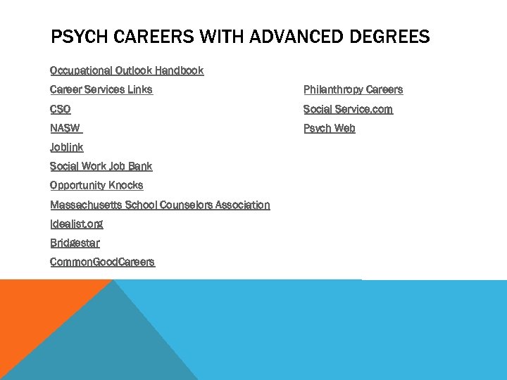 PSYCH CAREERS WITH ADVANCED DEGREES Occupational Outlook Handbook Career Services Links Philanthropy Careers CSO