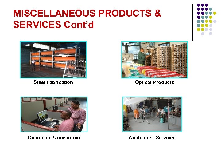 MISCELLANEOUS PRODUCTS & SERVICES Cont’d Steel Fabrication Document Conversion Optical Products Abatement Services 