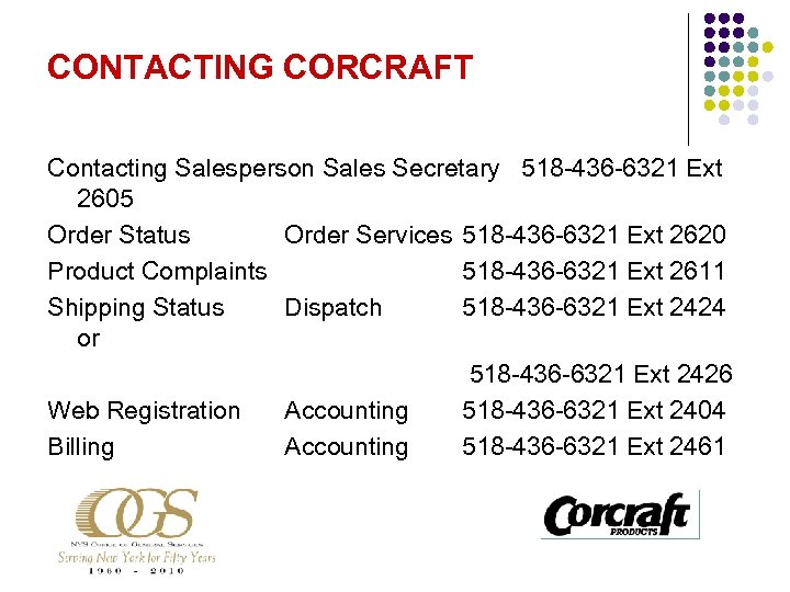 CONTACTING CORCRAFT Contacting Salesperson Sales Secretary 518 -436 -6321 Ext 2605 Order Status Order