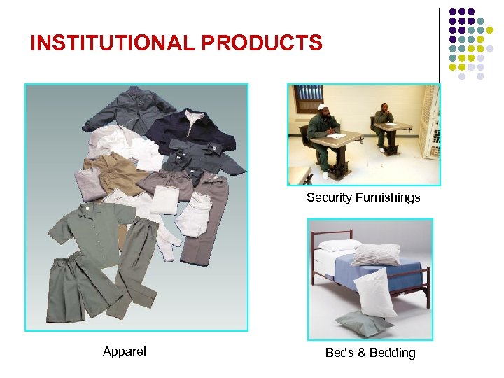 INSTITUTIONAL PRODUCTS Security Furnishings Apparel Beds & Bedding 
