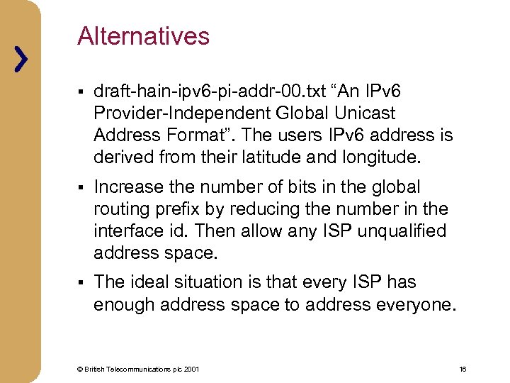 Alternatives § draft-hain-ipv 6 -pi-addr-00. txt “An IPv 6 Provider-Independent Global Unicast Address Format”.