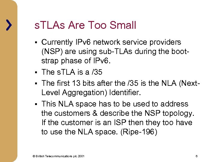 s. TLAs Are Too Small Currently IPv 6 network service providers (NSP) are using
