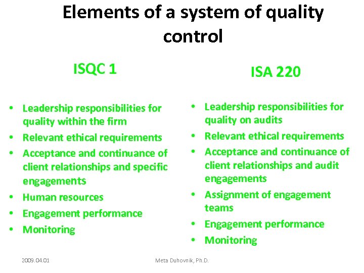 Elements of a system of quality control ISQC 1 ISA 220 • Leadership responsibilities