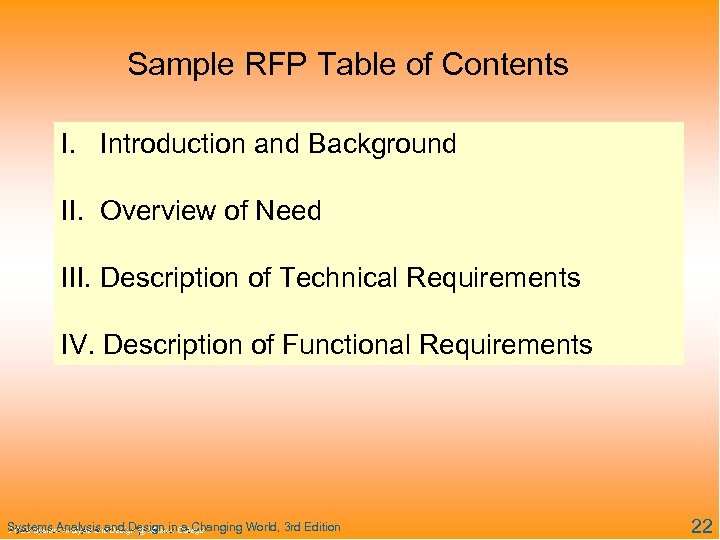 Sample RFP Table of Contents I. Introduction and Background II. Overview of Need III.