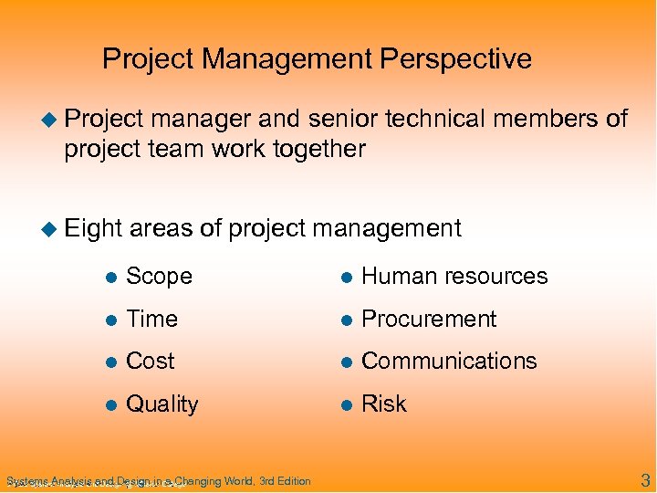 Project Management Perspective u Project manager and senior technical members of project team work
