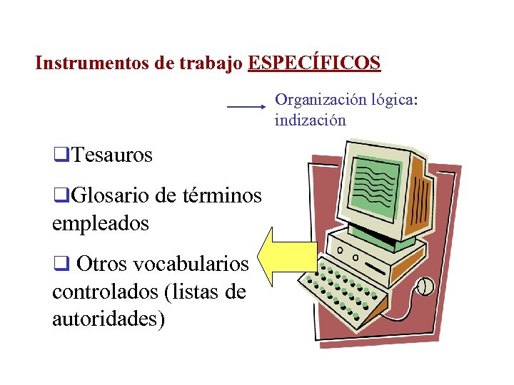 Instrumentos de trabajo ESPECÍFICOS Organización lógica: indización q. Tesauros q. Glosario de términos empleados