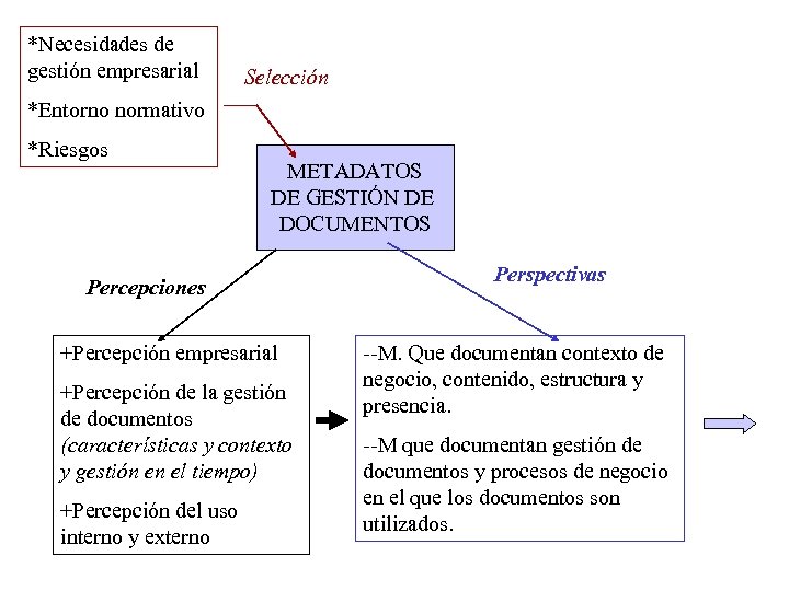 *Necesidades de gestión empresarial Selección *Entorno normativo *Riesgos METADATOS DE GESTIÓN DE DOCUMENTOS Percepciones
