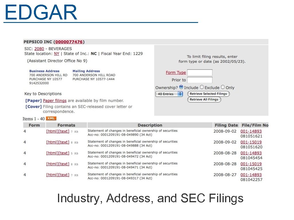 EDGAR Industry, Address, and SEC Filings 