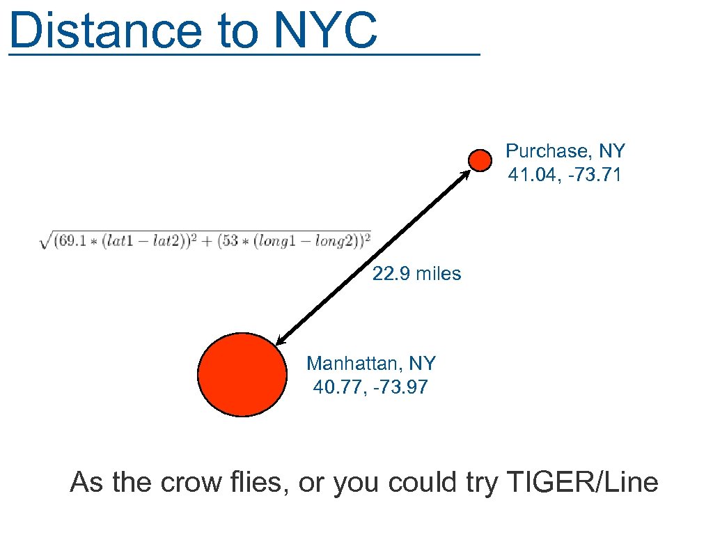 Distance to NYC Purchase, NY 41. 04, -73. 71 22. 9 miles Manhattan, NY