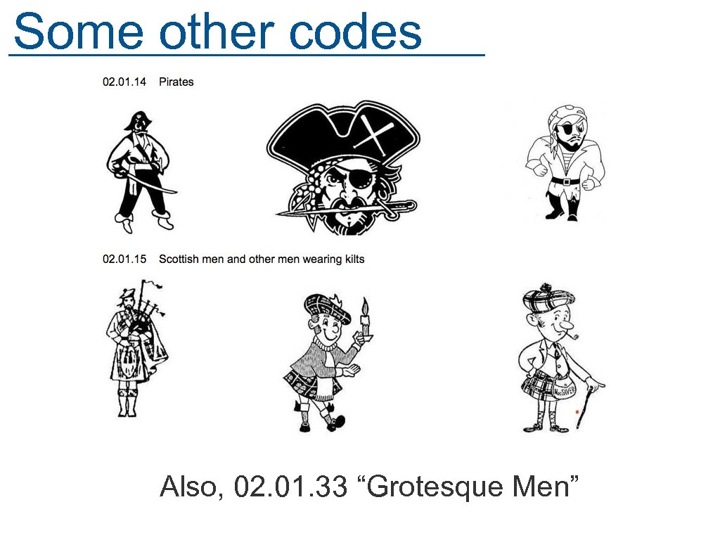 Some other codes Also, 02. 01. 33 “Grotesque Men” 