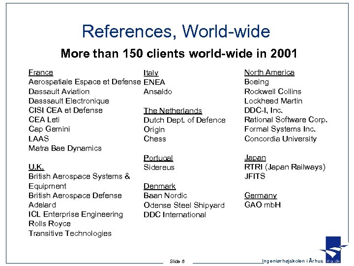 References, World-wide More than 150 clients world-wide in 2001 France Aerospatiale Espace et Defense