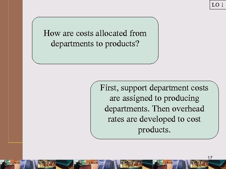 LO 1 How are costs allocated from departments to products? First, support department costs