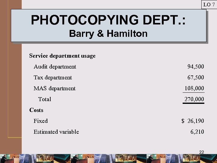 LO 7 PHOTOCOPYING DEPT. : Barry & Hamilton Service department usage Audit department 94,