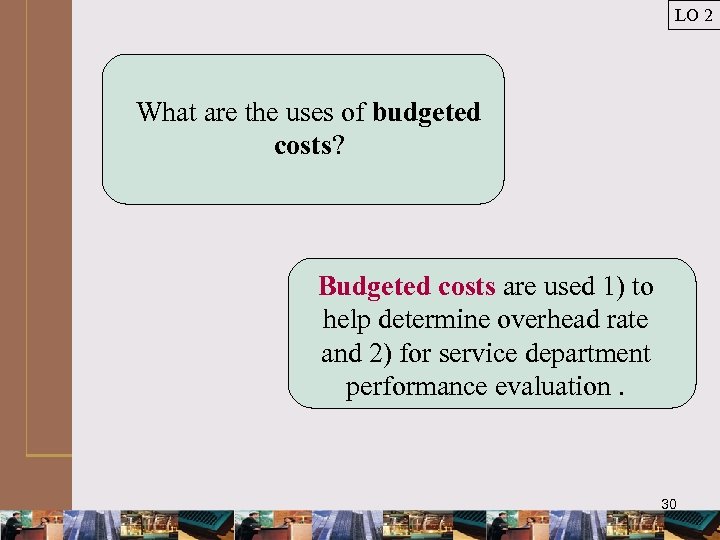 LO 2 What are the uses of budgeted costs? Budgeted costs are used 1)