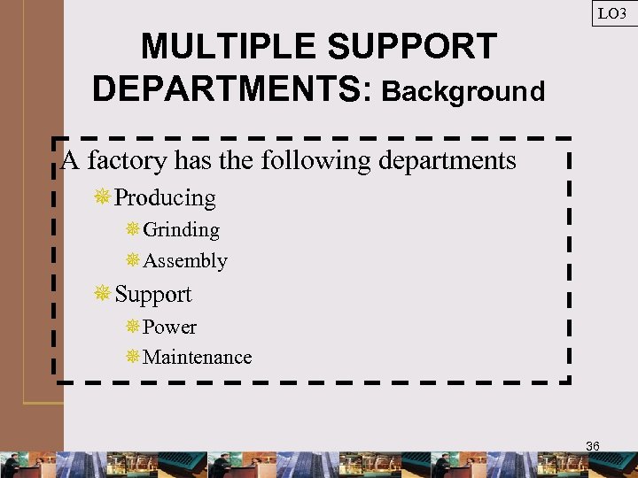 LO 3 MULTIPLE SUPPORT DEPARTMENTS: Background A factory has the following departments ¯Producing ¯Grinding