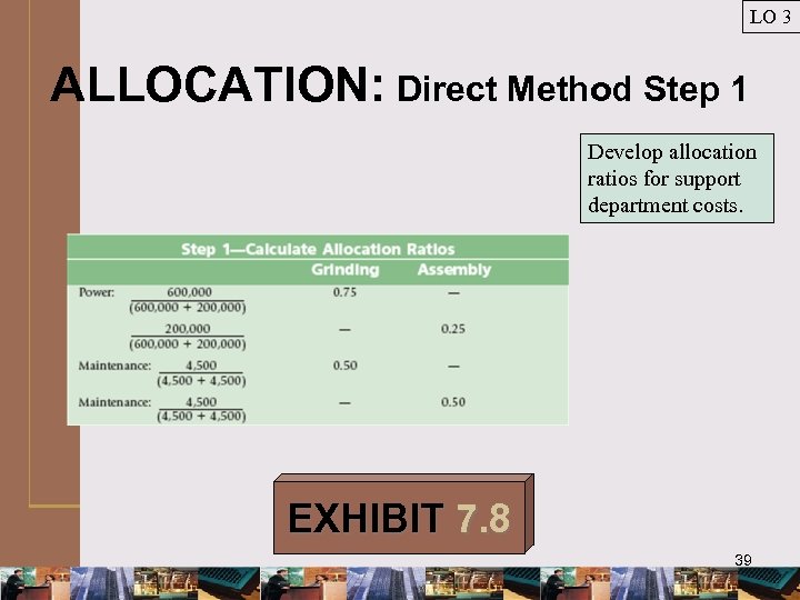 LO 3 ALLOCATION: Direct Method Step 1 Develop allocation ratios for support department costs.