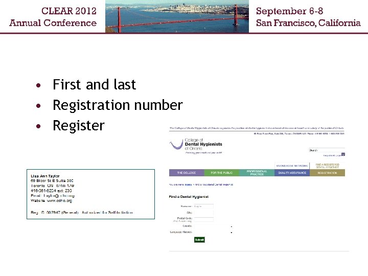  • First and last • Registration number • Register 