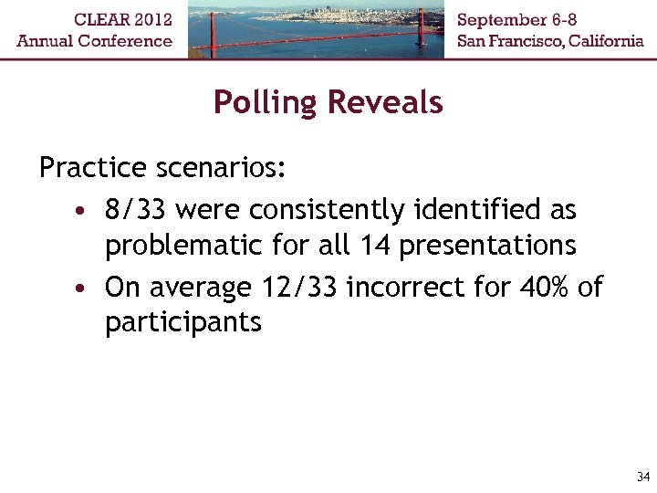 Polling Reveals Practice scenarios: • 8/33 were consistently identified as problematic for all 14