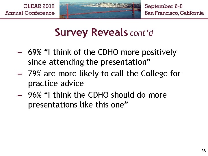 Survey Reveals cont’d – 69% “I think of the CDHO more positively since attending