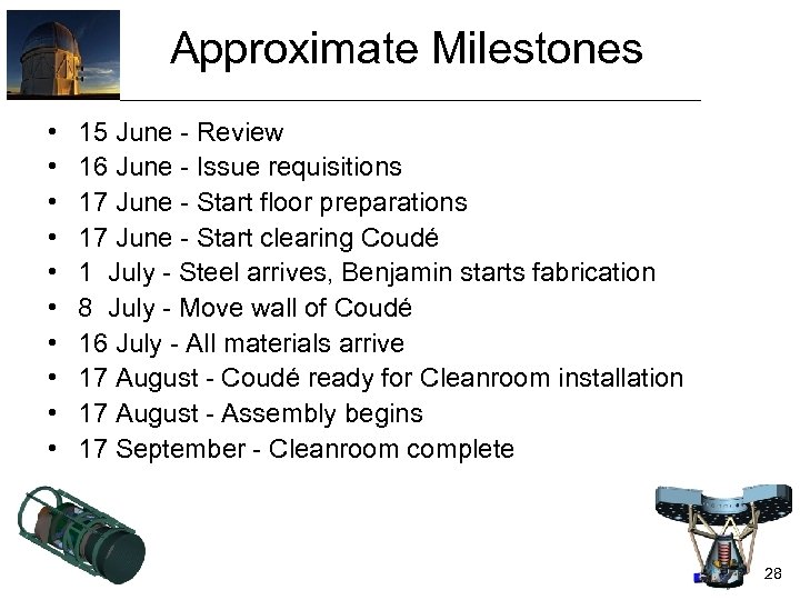 Approximate Milestones • • • 15 June - Review 16 June - Issue requisitions