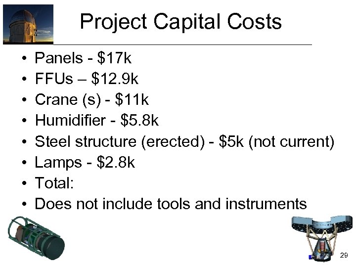 Project Capital Costs • • Panels - $17 k FFUs – $12. 9 k