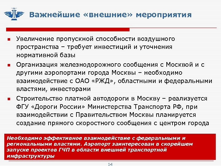 Важнейшие «внешние» мероприятия n n n Увеличение пропускной способности воздушного пространства – требует инвестиций