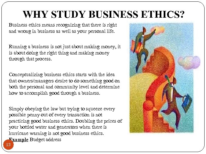 WHY STUDY BUSINESS ETHICS? Business ethics means recognizing that there is right and wrong