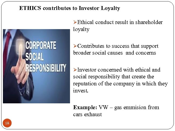 ETHICS contributes to Investor Loyalty ØEthical conduct result in shareholder loyalty ØContributes to success
