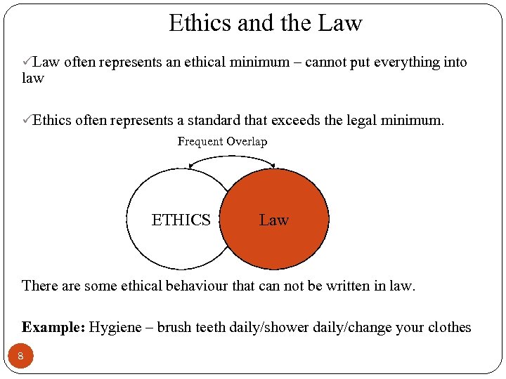 Ethics and the Law üLaw often represents an ethical minimum – cannot put everything