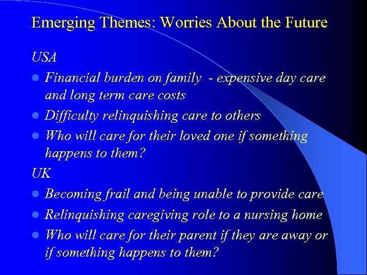 Emerging Themes: Worries About the Future USA l Financial burden on family - expensive