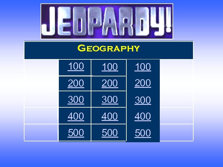 Jeopardy Geography 100 100 200 200 300 300 400 400 500 500 