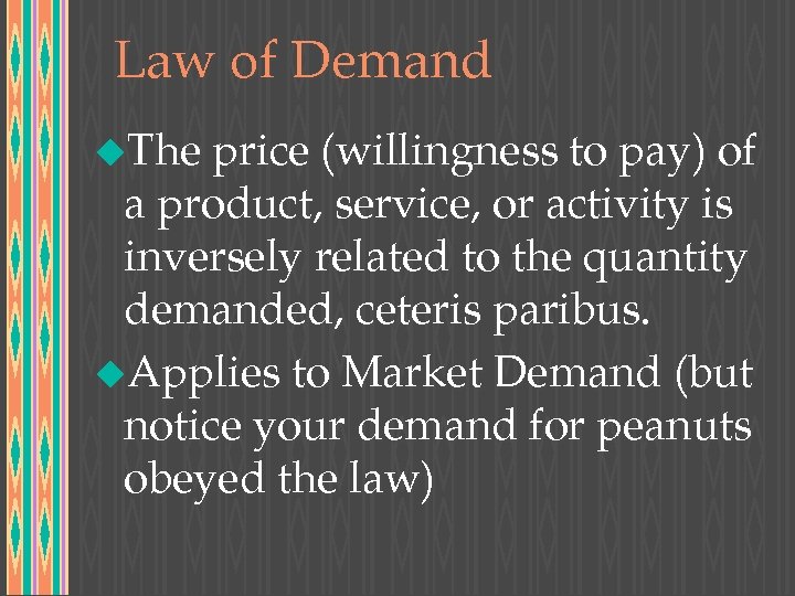 Law of Demand u. The price (willingness to pay) of a product, service, or