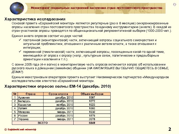 Мониторинг социальных настроений населения стран постсоветского пространства Характеристика исследования Основой проекта «Евразийский монитор» являются