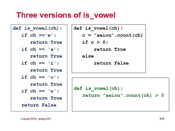 Three versions of is_vowel def is_vowel(ch): if ch =='e': return True if ch ==