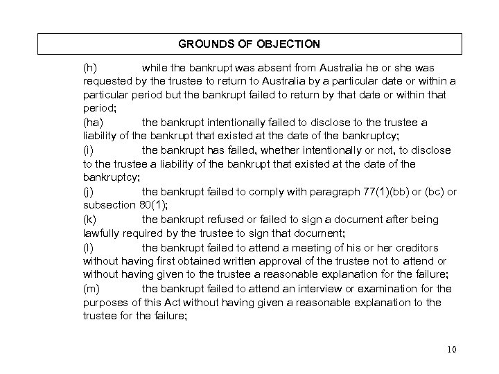 GROUNDS OF OBJECTION (h) while the bankrupt was absent from Australia he or she