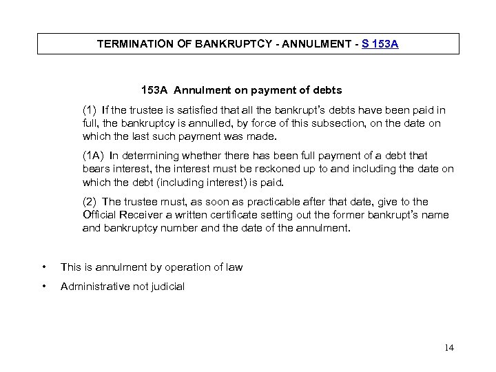 TERMINATION OF BANKRUPTCY - ANNULMENT - S 153 A Annulment on payment of debts