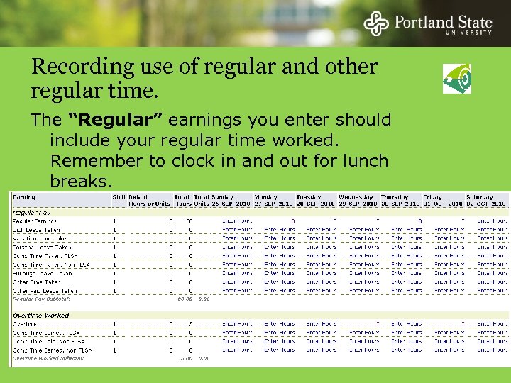 Recording use of regular and other regular time. The “Regular” earnings you enter should