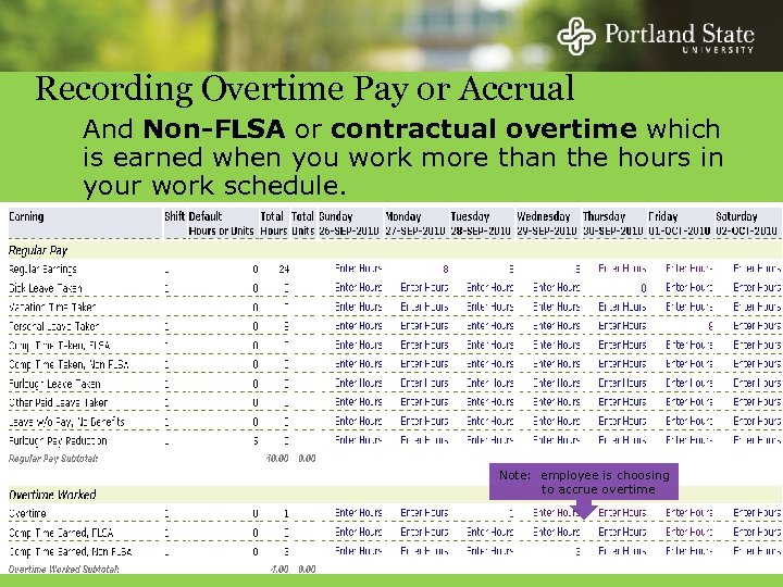Recording Overtime Pay or Accrual And Non-FLSA or contractual overtime which is earned when