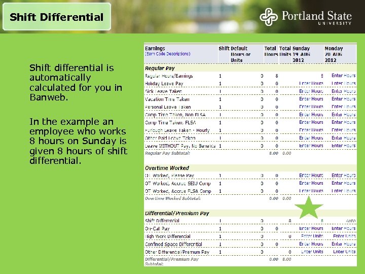 Shift Differential Shift differential is automatically calculated for you in Banweb. In the example