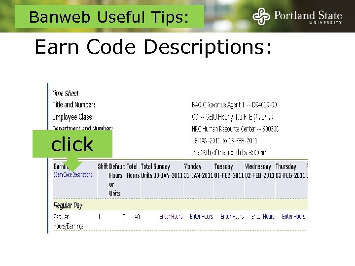 Banweb Useful Tips: Earn Code Descriptions: click 