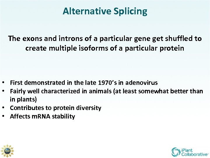 Alternative Splicing The exons and introns of a particular gene get shuffled to create