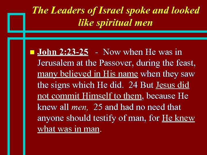 The Leaders of Israel spoke and looked like spiritual men n John 2: 23