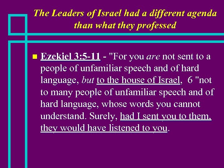 The Leaders of Israel had a different agenda than what they professed n Ezekiel