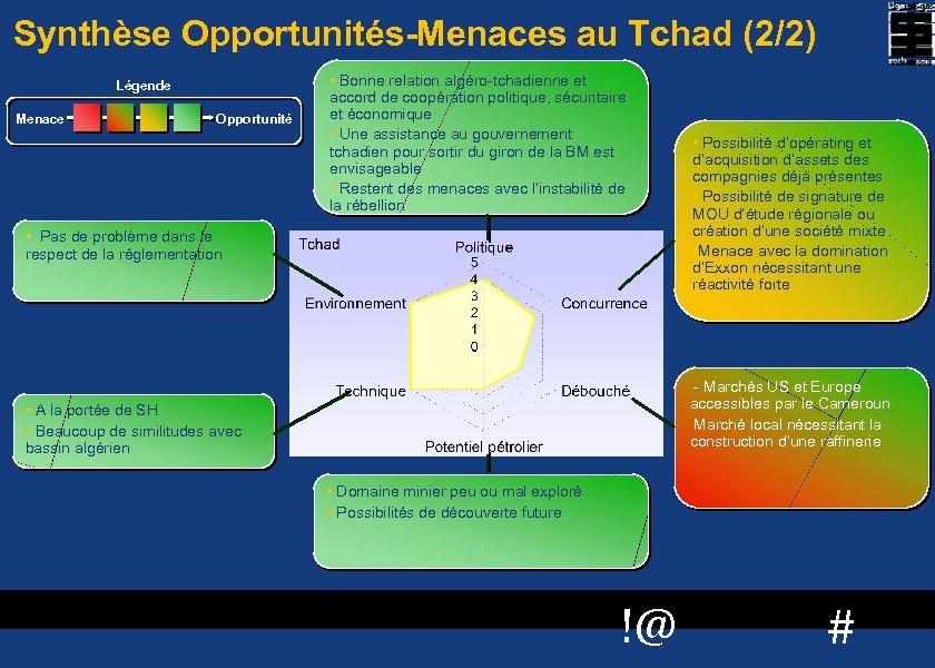 Synthèse Opportunités-Menaces au Tchad (2/2) Légende Menace Opportunité • Bonne relation algéro-tchadienne et accord