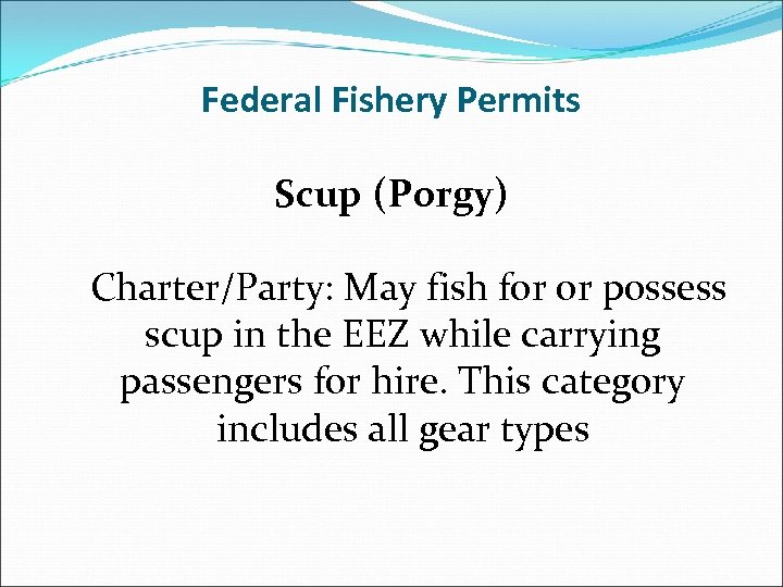 Federal Fishery Permits Scup (Porgy) Charter/Party: May fish for or possess scup in the